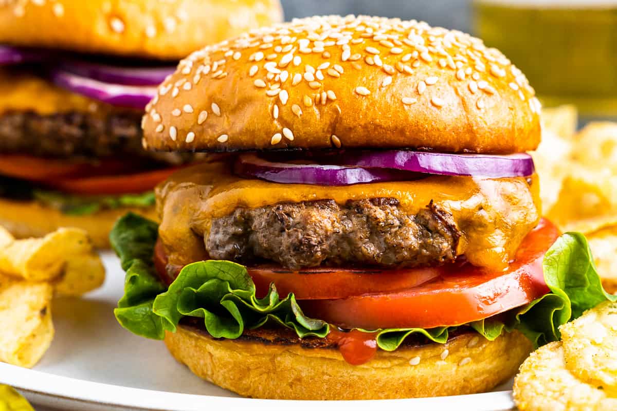 two hamburgers on a plate with onions and chips.